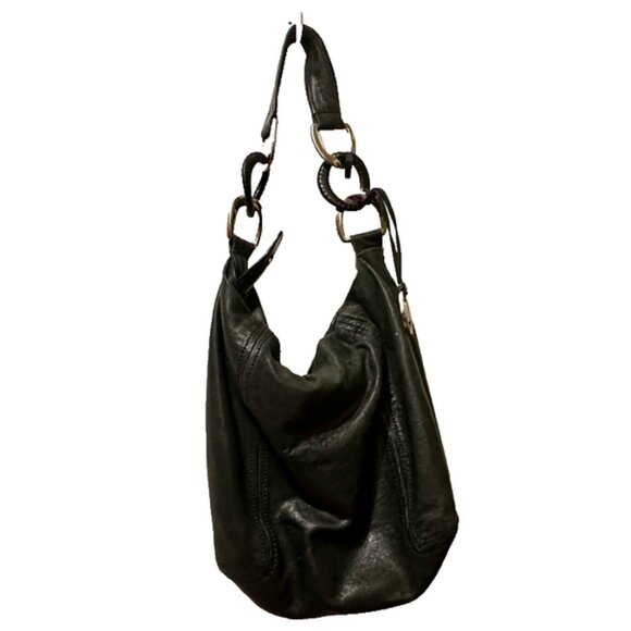 Michael Kors Black Leather Shoulder Purse with Gold Strap Links and Gold Pendant - Picture 2 of 16